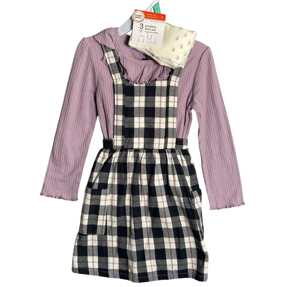 Wonder Nation 5T Girls 3pc Set Pinafore Skirt Overalls Long Sleeve Tights‎ Plaid